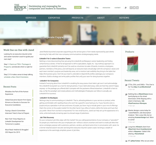 A closer look at the interior. The top of the left sidebar provides a call to action on every page while the right sidebar presents a product available for instant purchase. Both sidebars display tweets and blog posts for a content variety.