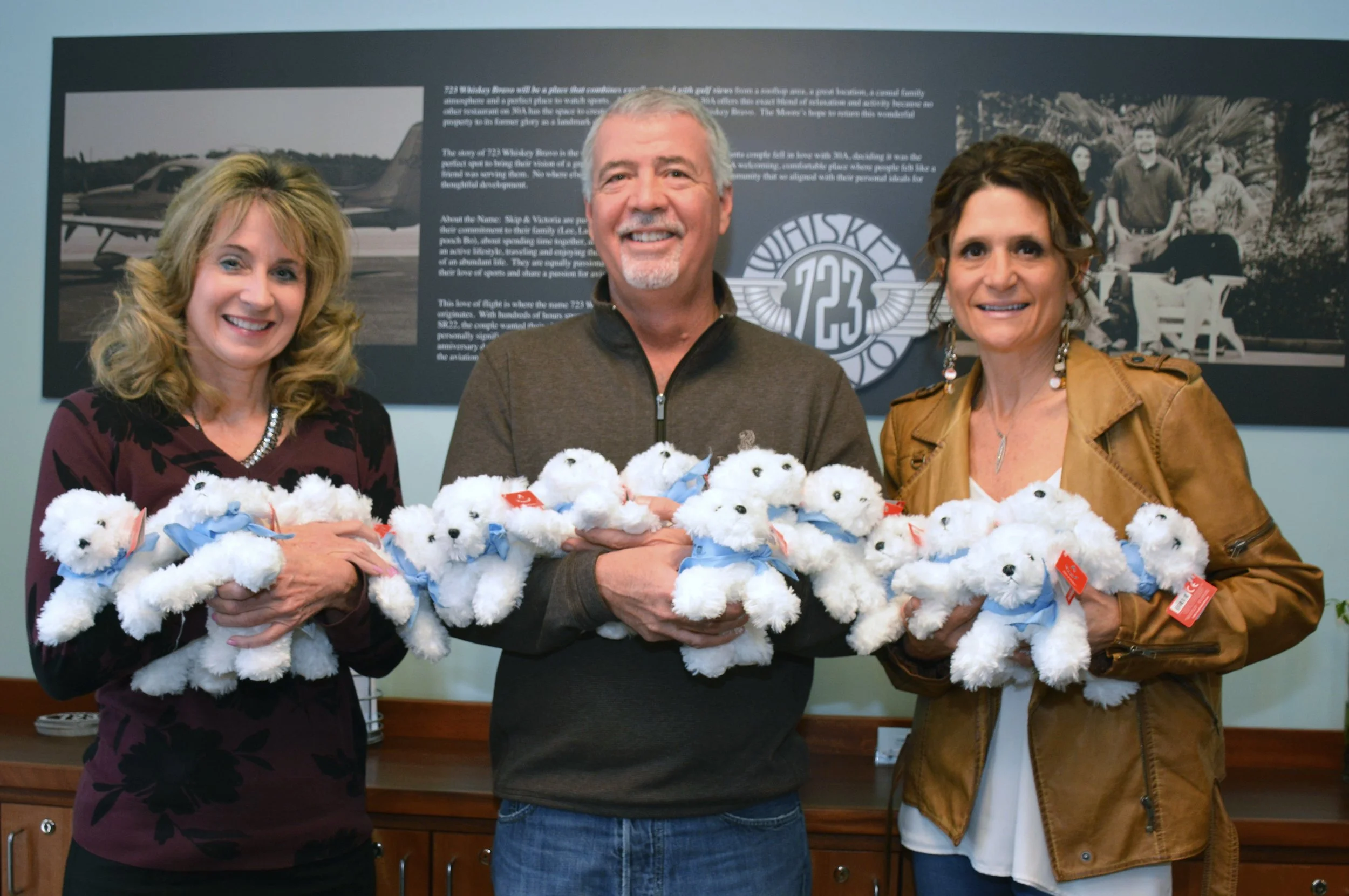 Benefitting ECCAC, the staff at 723 Whiskey Bravo restaurant in Seagrove Beach have successfully raised $44,869 in donations for stuffed animal Riley therapy dogs in the past three years. Pictured are ECCAC CEO, Julie Hurst-Porterfield and owners Skip and Victoria Moore.