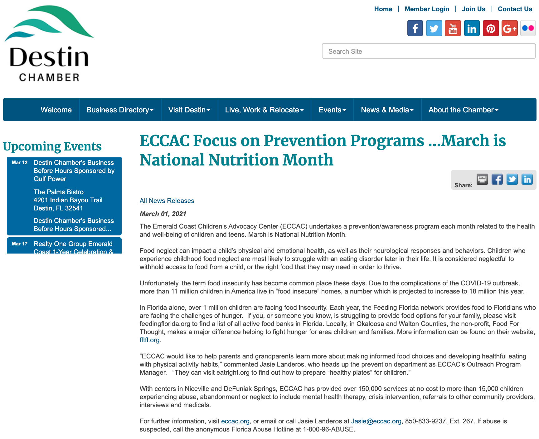 ECCAC Focus on Prevention Programs - March is National Nutrition Month  Featured on Destin Chamber — Emerald Coast Children's Advocacy Center