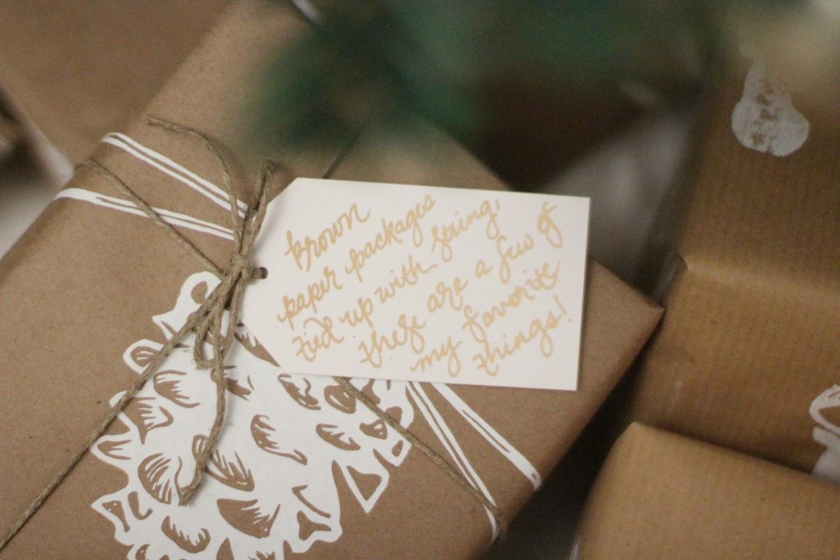  Brown paper packages tied up with string, these are a few of my favorite things! Gift Tags // Use code LEMONBLONDE on these gift tags and get 15% off an order of $20.00 Is it weird that when I give someone a gift with this Pine Cone Wrapping Paper I want to tell them to open it gently because it's SOO PURTY. 