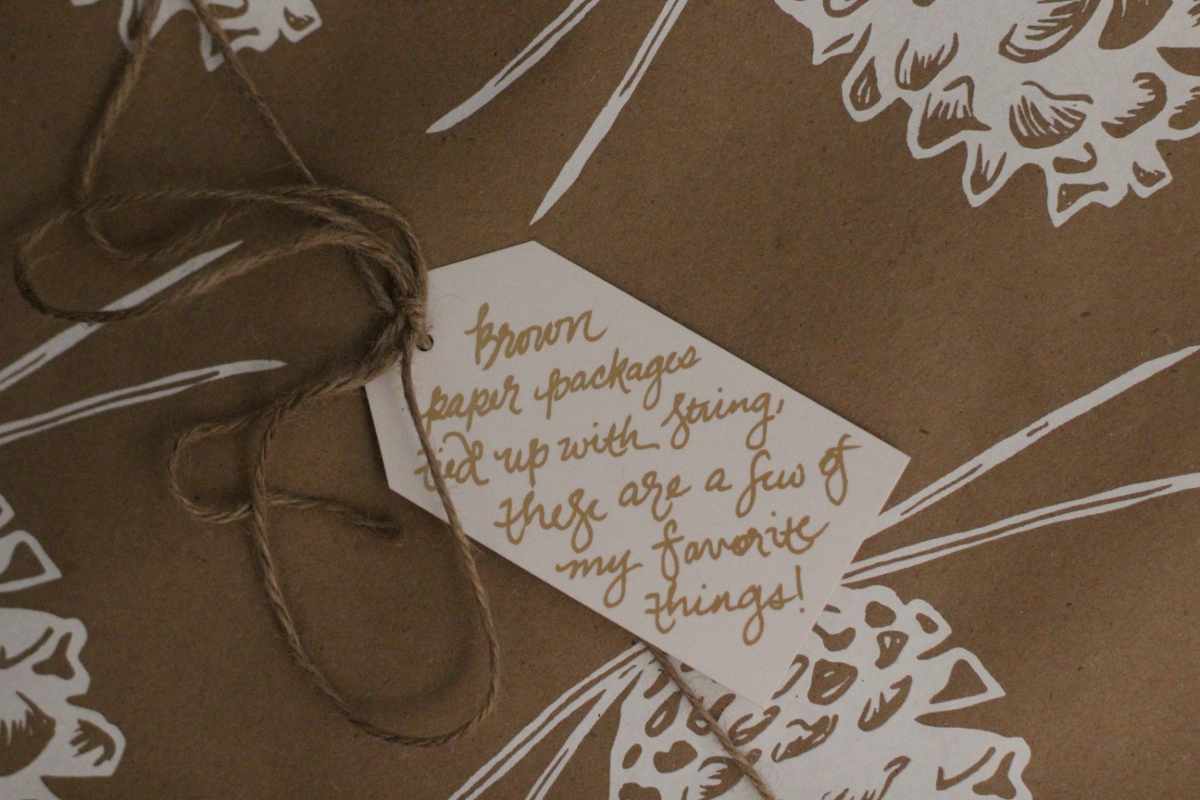 "Brown Paper Packages" Gift Tag This Pine Cone Wrapping Paper is perfect!