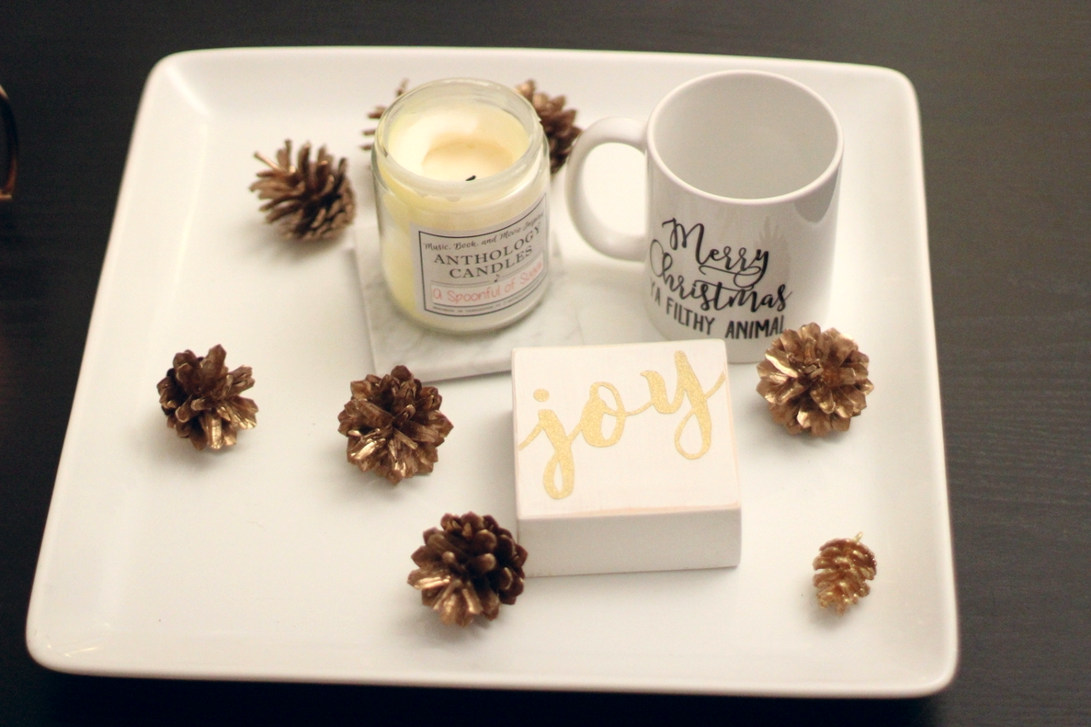 Can't forget coffee table decor! Gold Pine Cones // Joy Block