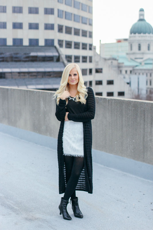 I paired this short skirt with a contrasting long cardigan to mix it up a little bit.