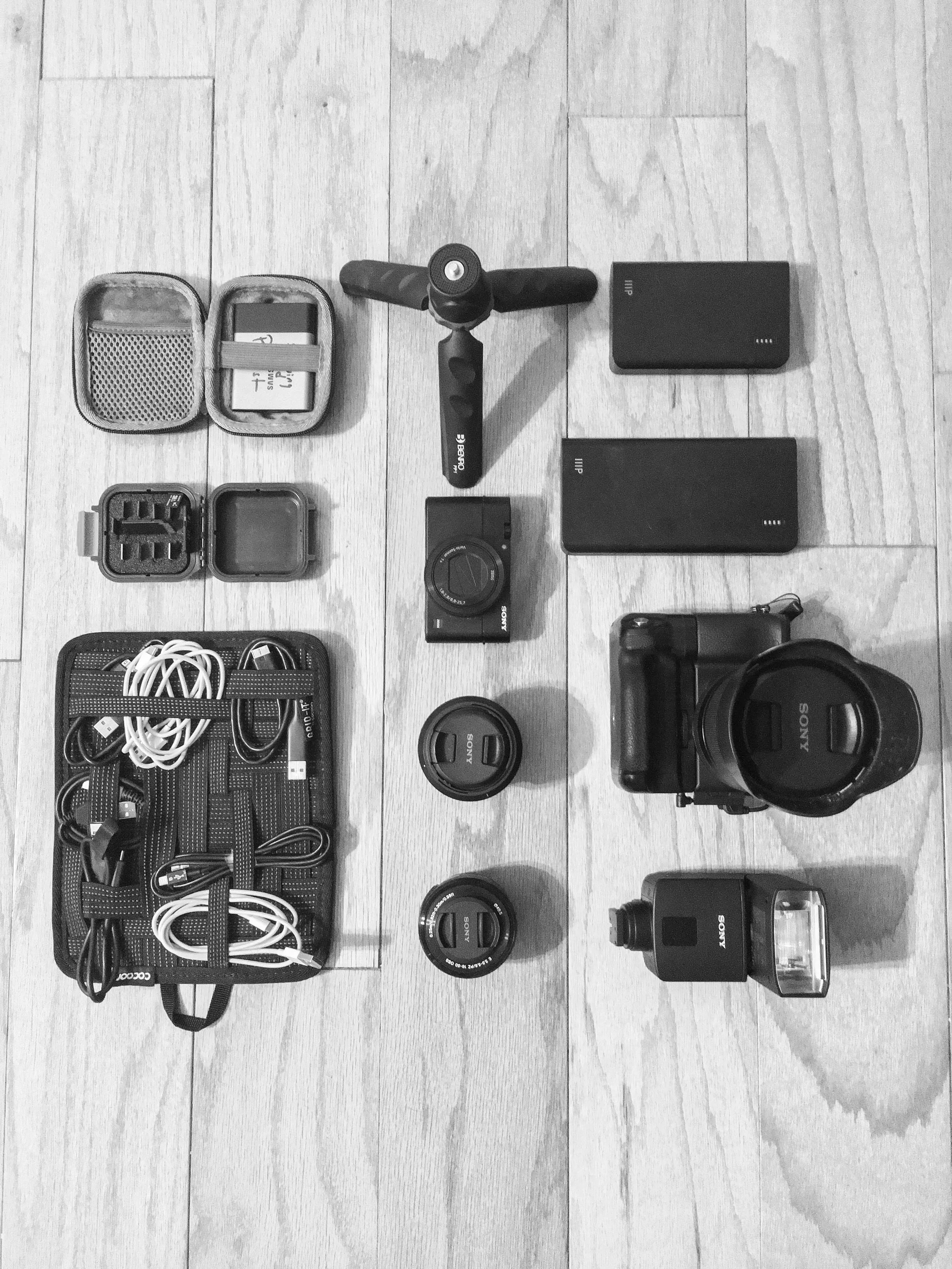 Grid It Cord Organizer, Sony A6300 Camera, Lenses, Flash, Monoprice Batteries.
