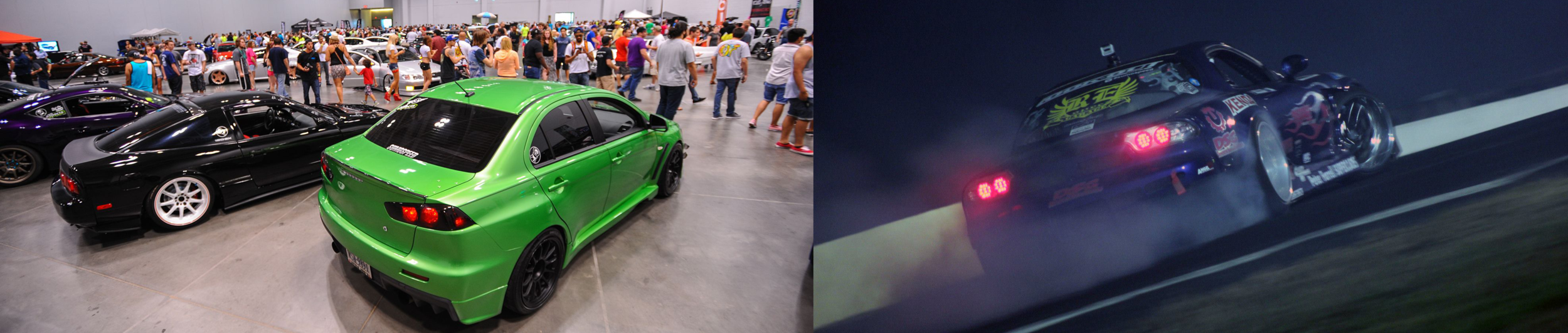 Left: Club members James Beck and Mike Torres’ cars in the display hall at Springfest 2014. Right: Club member Danny Domenech in his 945 Garage RX-7 drifting at Englishtown, NJ