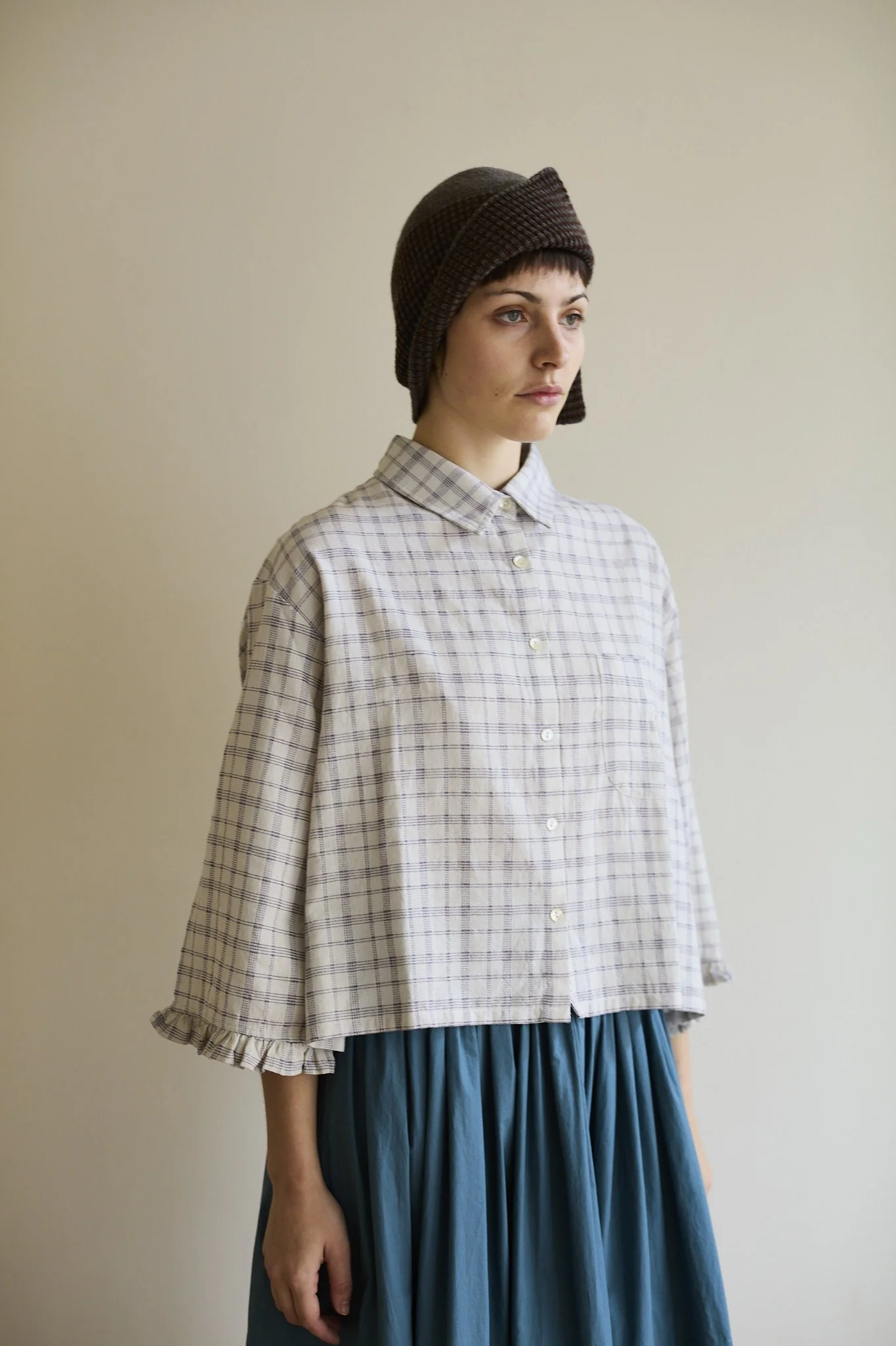 Lillian Frill Sleeve Shirt | Texture Plaid
