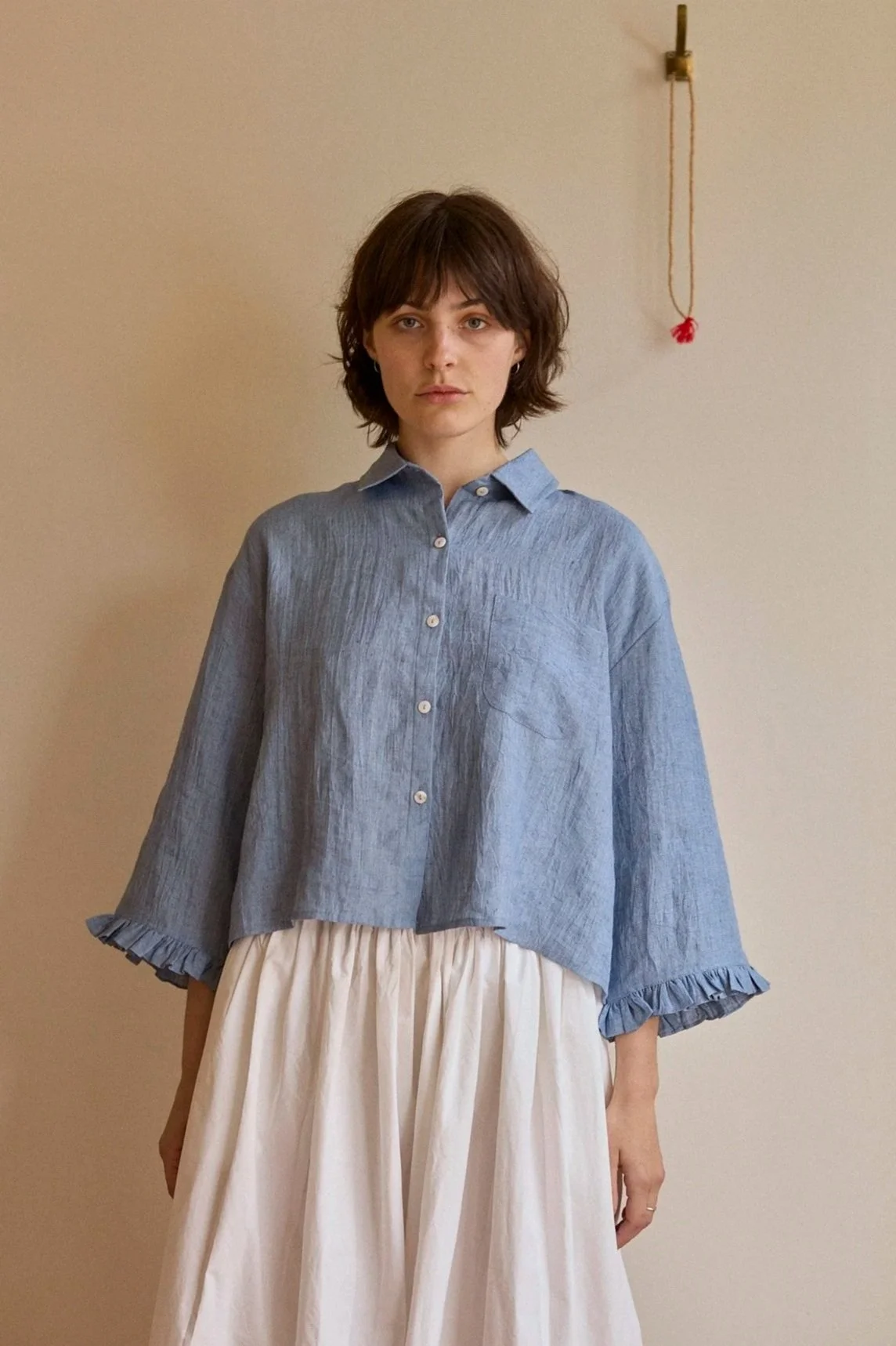 Lillian frill sleeve shirt | Morning Blue
