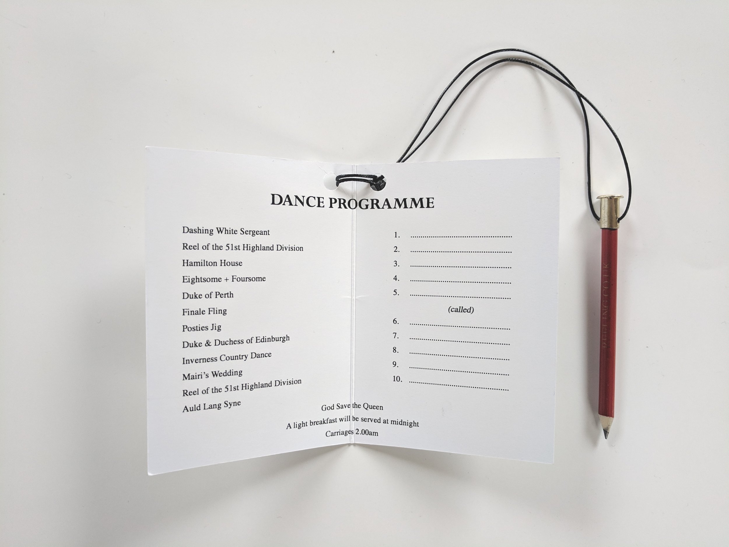   Supplied with string for easy attachment to dance cards  