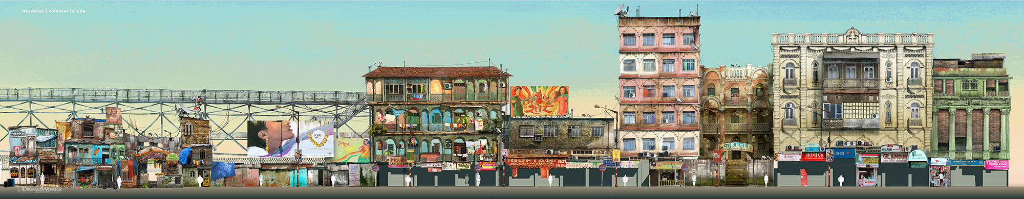 Facade of Slum to mid town and transitioning to colonial architecture of Mumbai