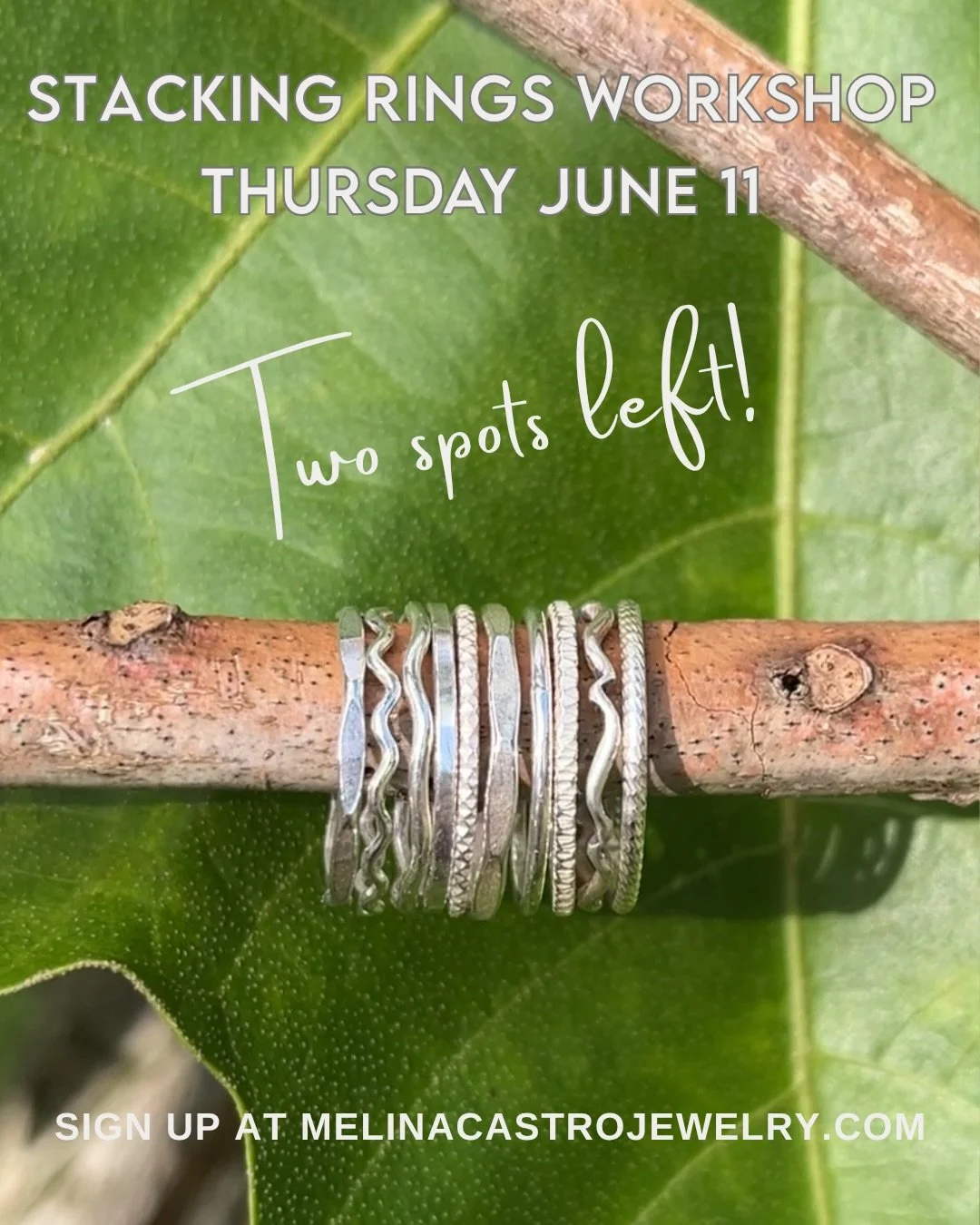 Two spots just opened up for a Stacking Rings Workshop this Thursday, June 11. 

This is a fun three hour workshop where you&rsquo;ll create a set of three sterling silver stacking rings by hand using traditional silversmithing techniques.

You&rsquo