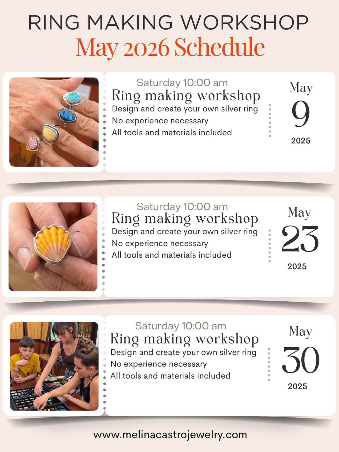 May ring making classes are open: May 9, 23, and 30

If you&rsquo;re looking for fun and creative things to do with your loved ones, I&rsquo;d love to have you in the studio. Spend a few hours making your own ring in a small-group setting and leave w