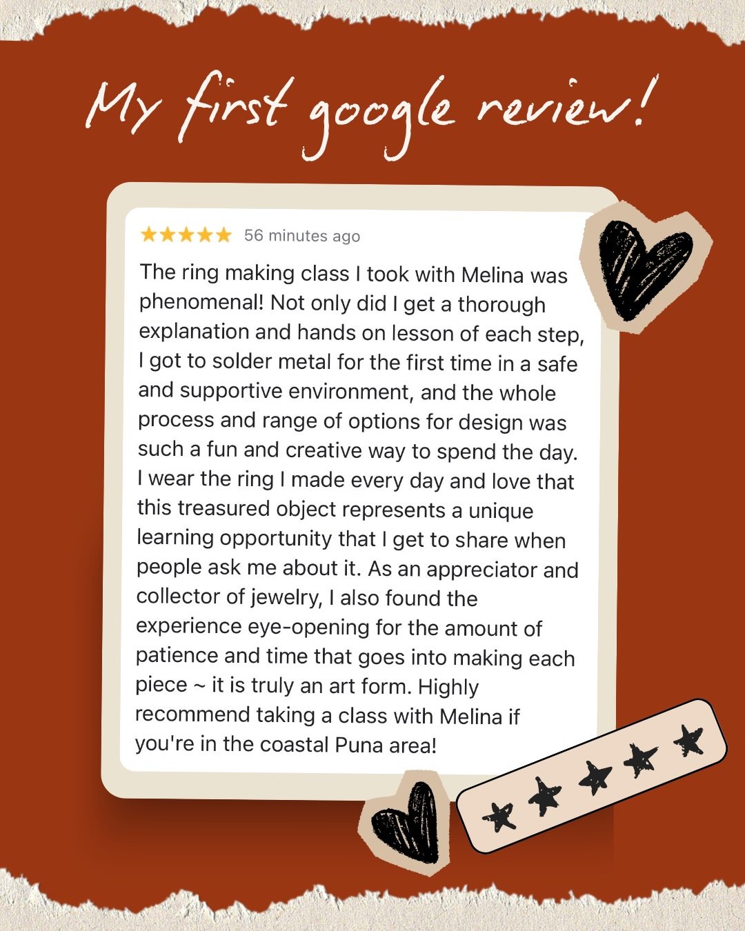 Got my first Google review and it made my day. Thank you for such beautiful words!

If you&rsquo;ve taken a jewelry class with me, I&rsquo;d appreciate your help. After a year of teaching, I finally registered my business on Google and it would mean 