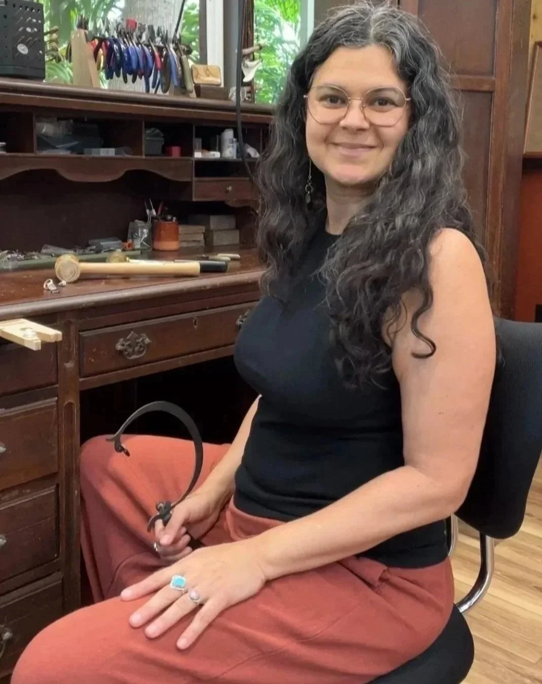 Melina Castro, silversmith and jewelry designer in her studio near Hilo, Hawaii on the Big Island
