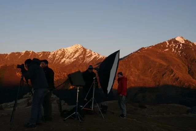 Queenstown lookout over lakes and mountains, filming at sunrise, great crew, full production services, Producer, photographer, clients. 