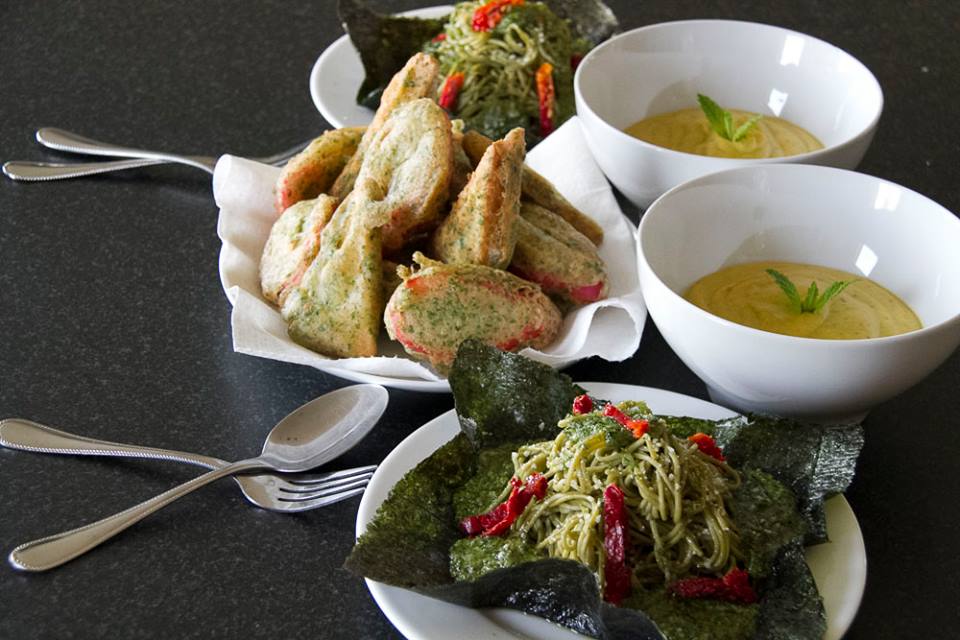 Pesto Chasoba, Lemongrass Tofu+Narutomaki Isobe-age, and Ginger-Rosemary Kabocha Cream Soup