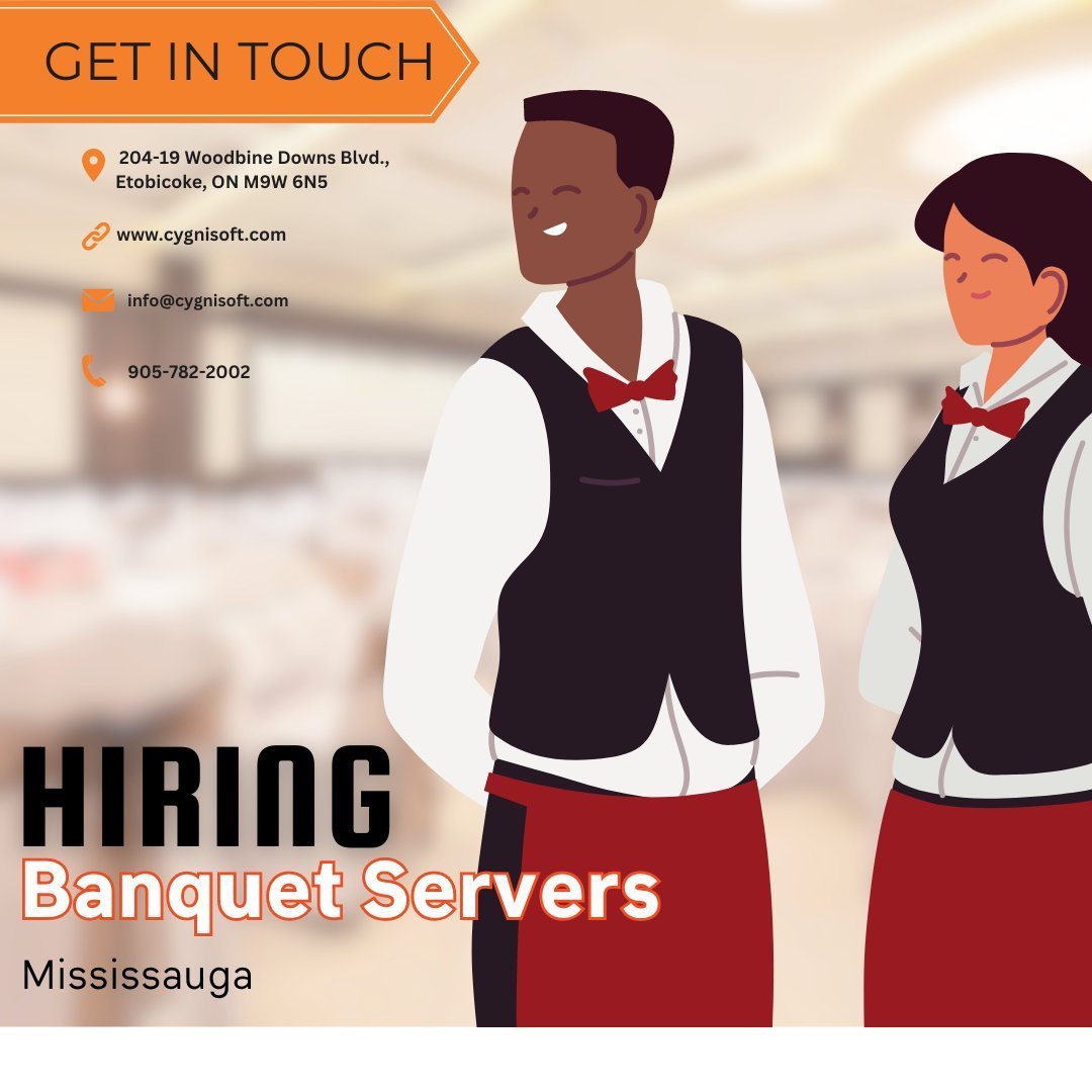 🌟 Join our team! 🌟 CygniSoft is hiring Banquet Servers on contract for our client in Mississauga! 🍽️ If you're passionate about hospitality and want to work with a dynamic team, we want to hear from you! #NowHiring #MississaugaJobs #HospitalityJob