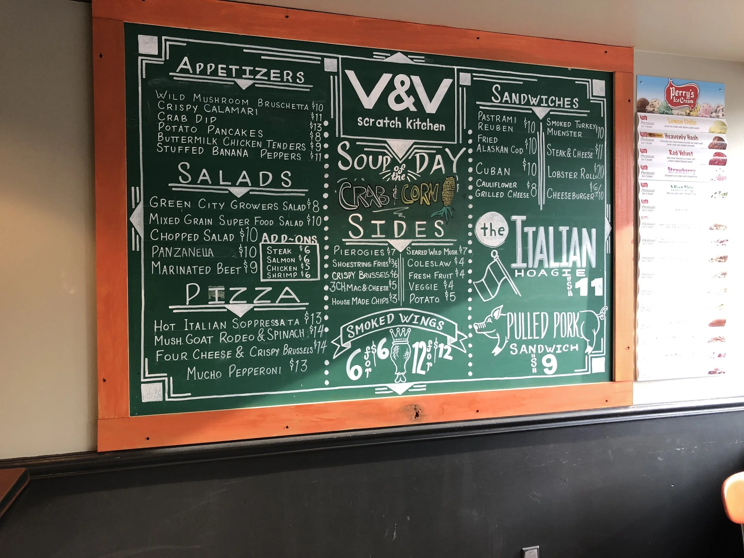 The menu at V&V Scratch Kitchen