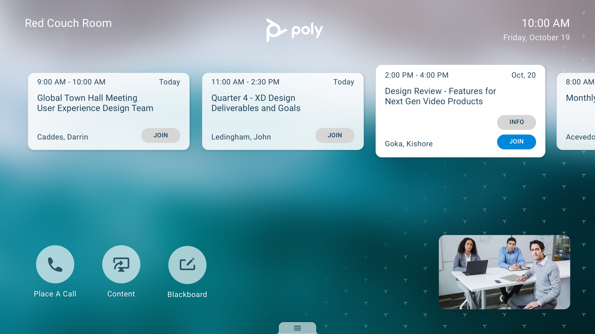 Home screen with calendar and camera self-view