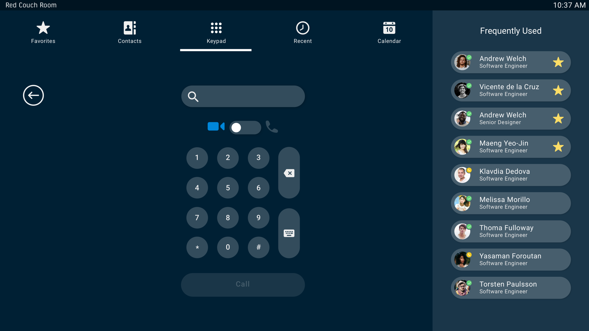 Place a call screen with favorites and recents