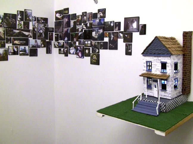 Screens " in this house that i call home" photos, foam core, paper, card board, glue, portable dvd player