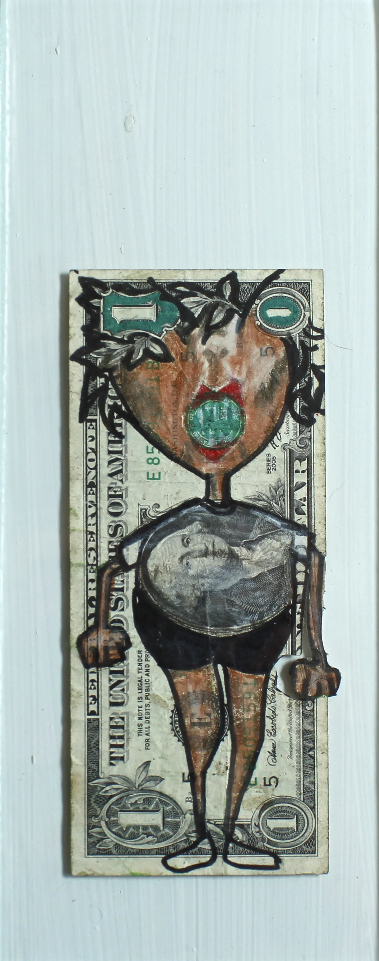  the money people ( series of 50)     colored pencil and ink on dollar bill 