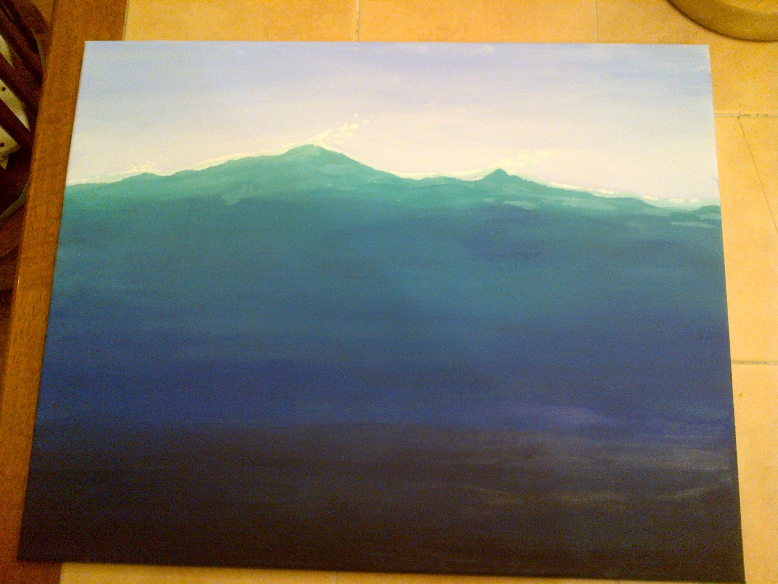 After doing the initial flat colors, the comments from others were that the top was too green, like a grassy hill, and that the water got black too quickly. I had to agree, so I repainted the whole thing. (In digital art, this would have been accomplished with a gradient tool. Acryllic paint technology has not acquired one of those yet.)