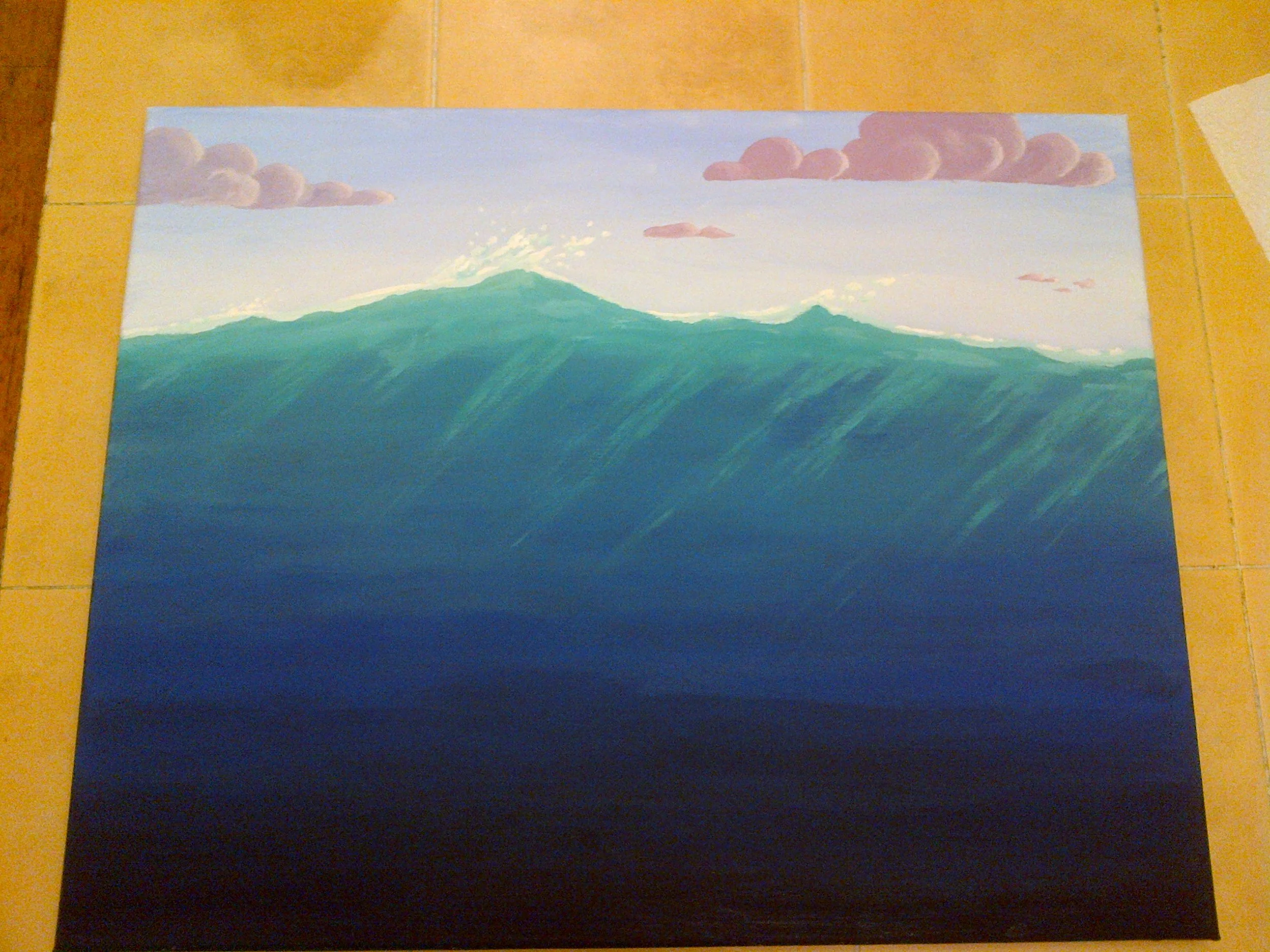 Next, it was time to put some texture in. The water received some rays of light (known in CG art as "caustics"), and clouds were added. I'm not great with color theory, so it was a pretty bold choice for me to go as purple as I did with those clouds, but I'm glad I did. I like them. Note for acryllics... a lot of techniques can only be done well when your brush has very little paint on it and is nearly dry. Both the shading on the clouds and the light rays in the water relied on a dry brush.