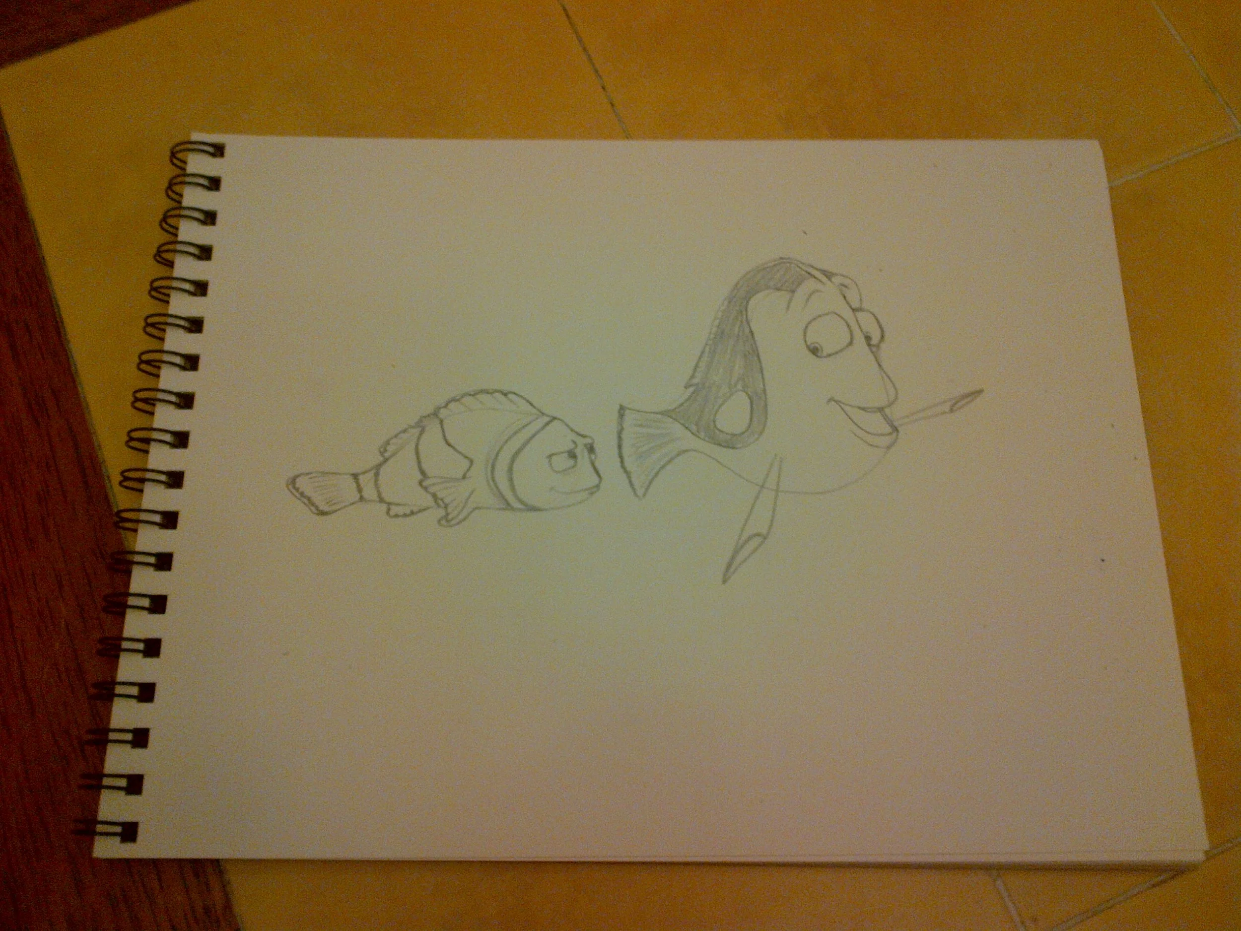 When I started the project on the first day, my thought was that it was the type of water that Nemo might have swam in. I even looked at Finding Nemo stuff for reference. It seemed only natural that I just try to paint them in, and now was the time to do it. Step 1 was sketching Marlin and Dory out in a sketchbook first. I needed to be confident of the pose before painting it. This was my first try, and I liked it enough that I left it at that.