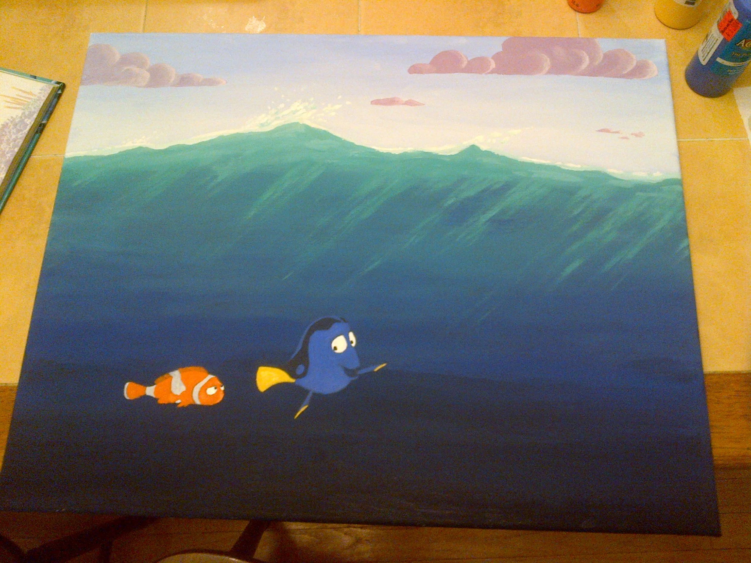 Step 2 was to lightly sketch the two fish in pencil directly onto the painting, and Step 3 was to put the flat colors of the fish onto the picture.
