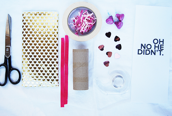 All The Junk You Will Need: Free Printable Popper Wraps (see above link), Heart Confetti , Scotch®brand tape , 3M Masking tape , Hershey®Kisses , Crinkle Cut Paper , Ribbon, Gold Heart Tissue Paper , Sissors