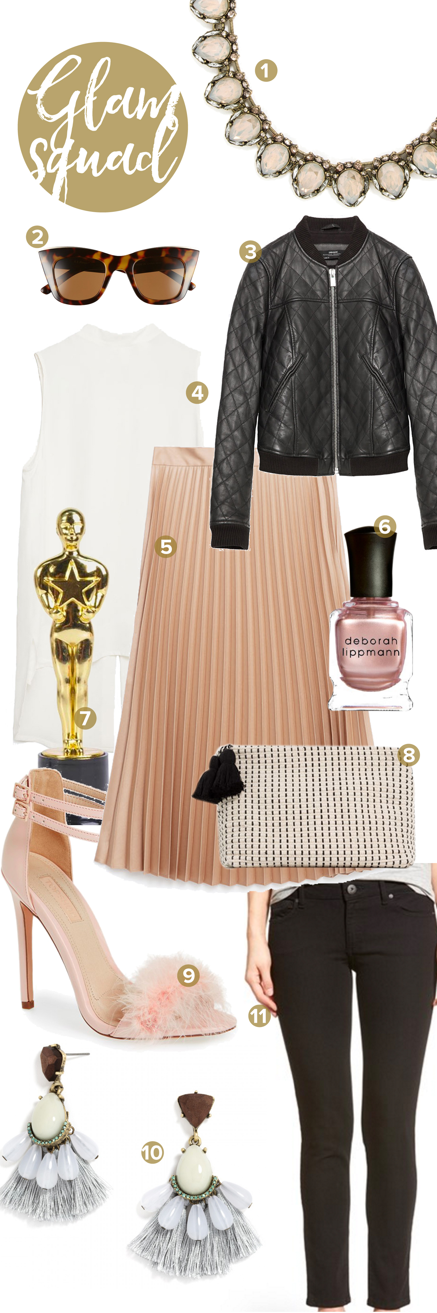 1 - Bauble Bar Firestone Collar , 2 - A.J. Morgan Sunglasses , 3 - Zara Jacket , 4 - Zara Top , 5 - Zara Skirt , 6 - Deborah Lippmann Nail Polish In Glamorous Life {affiliate link}, 7 - Oscar Like Trophy {affiliate link} , 8 - Zara Clutch , 9 - Top Shop Reese Heels , 10 - Baublebar Ellis Drops , 11 - DL 1961 Power Legging Jeans