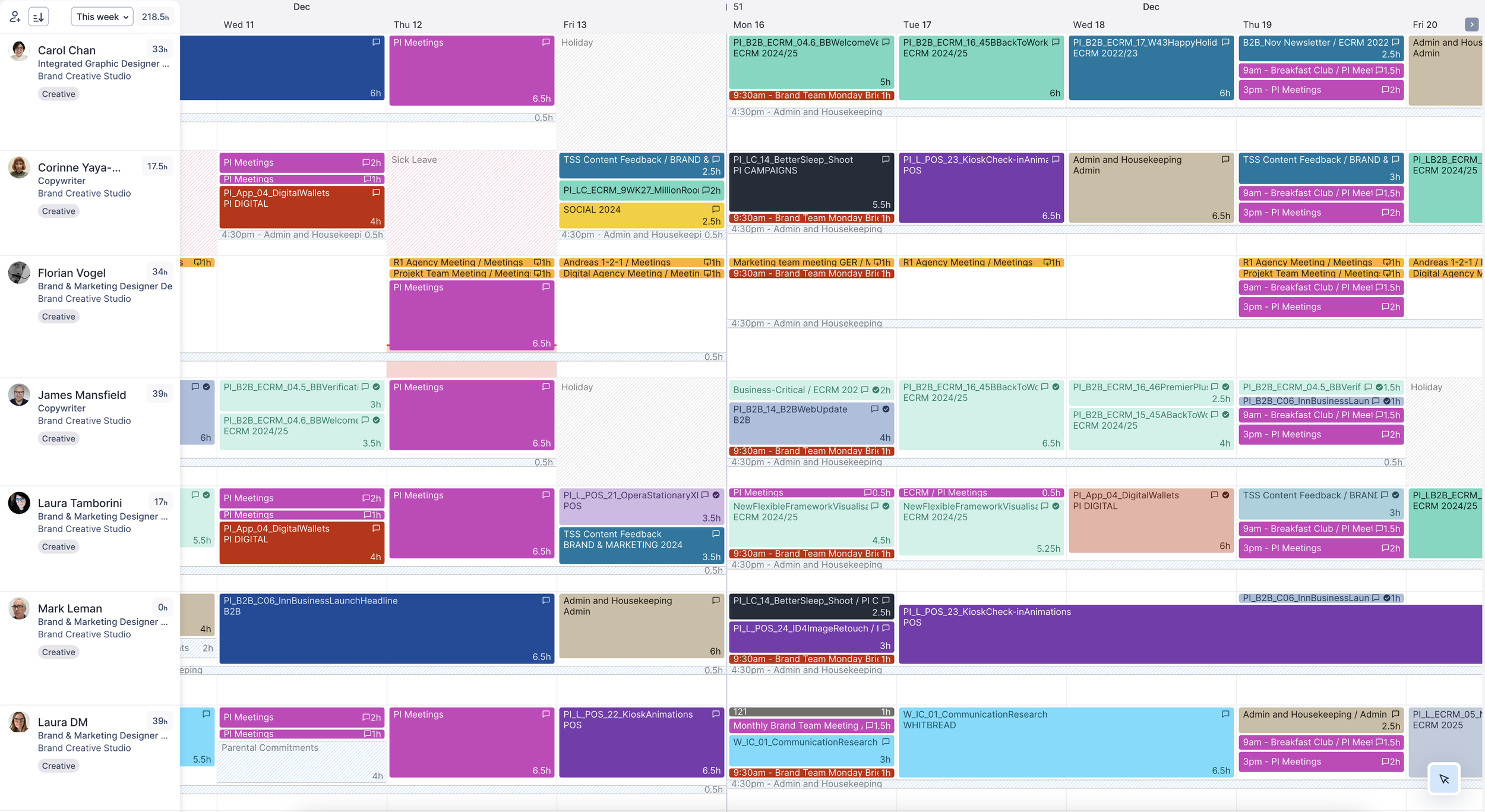   Studio Resource Planning &amp; Scheduling  Implemented Float for studio resource planning, providing visibility of team capacity, project timelines and workload allocation.   