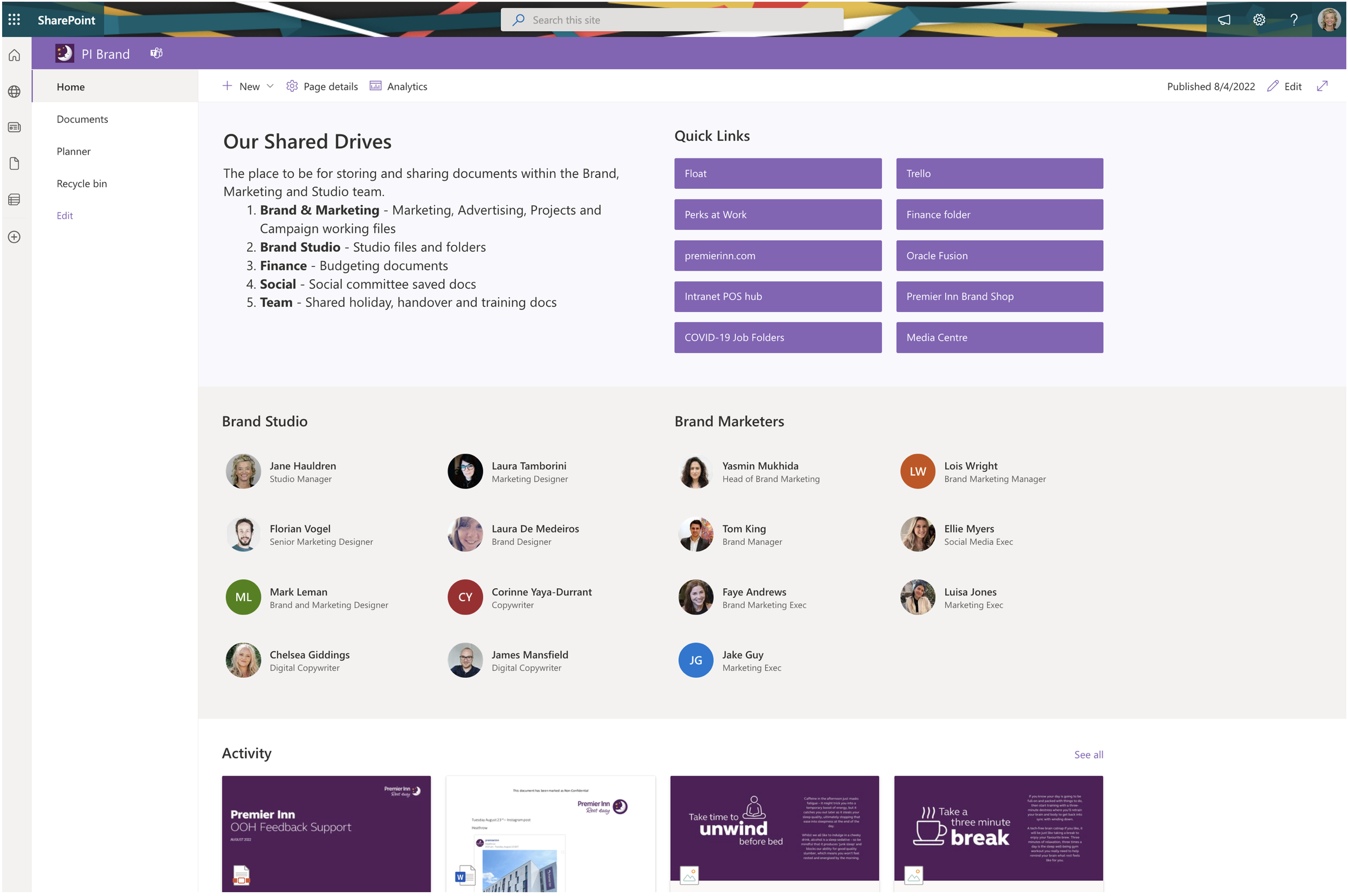   Studio Knowledge Hub &amp; Asset Infrastructure  Designed and implemented a centralised SharePoint workspace for the Brand, Marketing and Studio teams, providing structured access to project folders, shared drives and brand assets.   