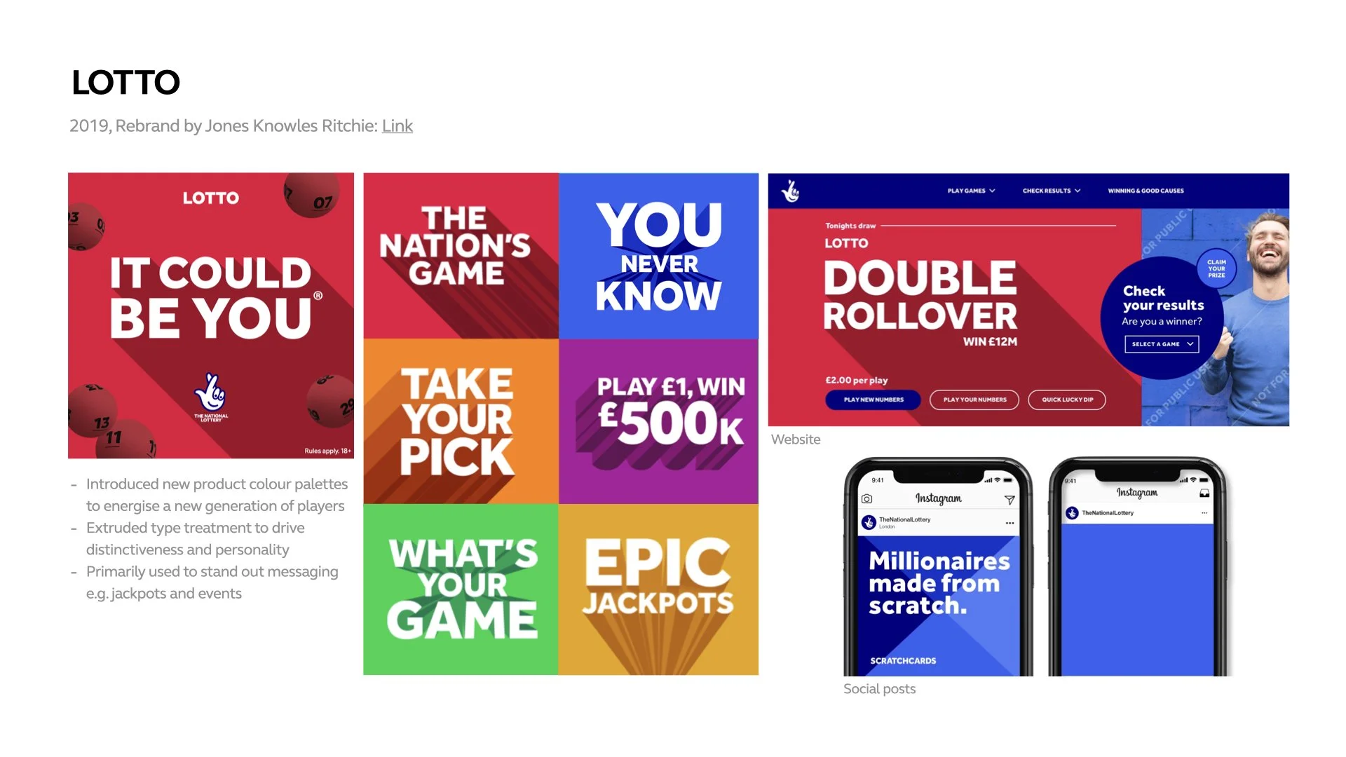   Lotto   Bold, benefit-led messaging Simple, high-impact headlines and colour blocks driving clarity, recall and immediate engagement 