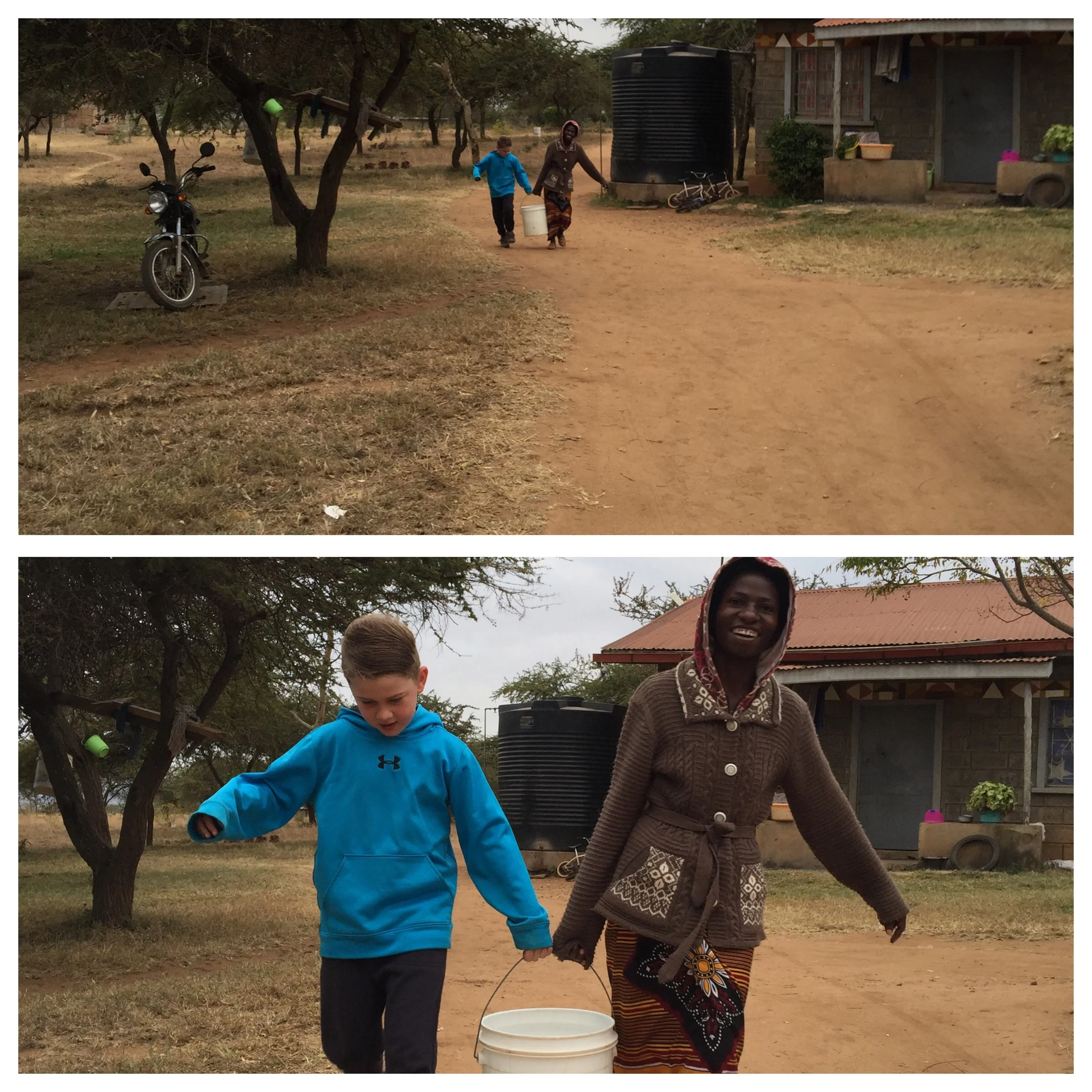 Davis helping Esther carry the morning bath water.