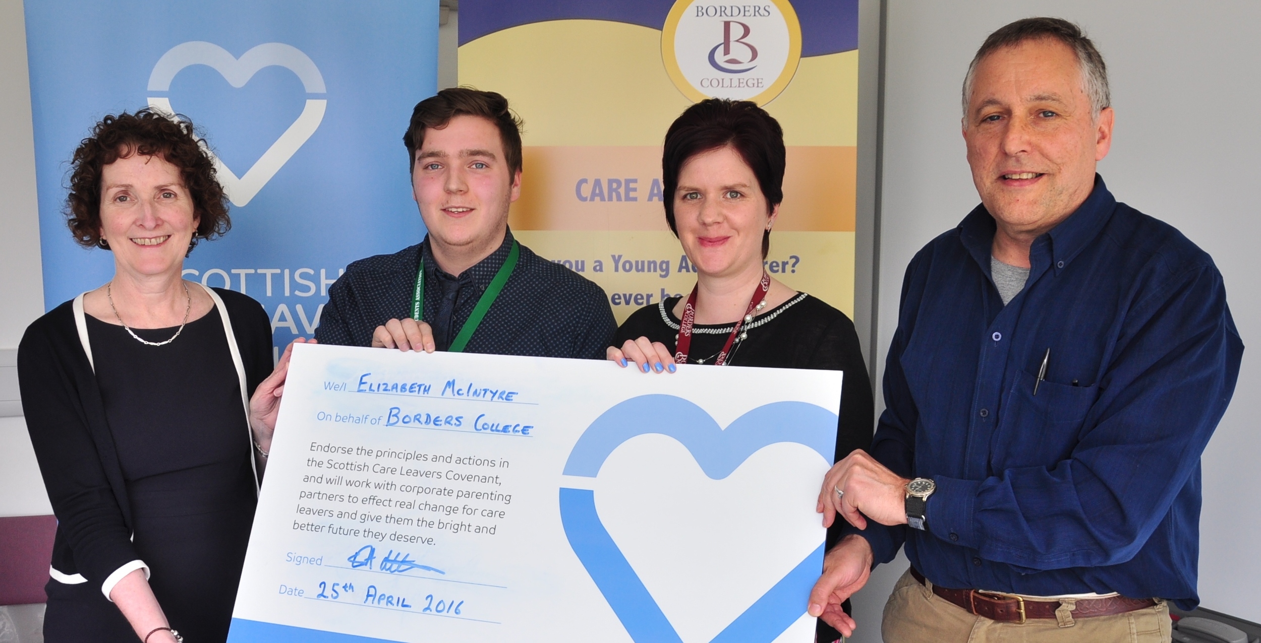 L-R: Liz McIntyre (Borders College Principal), Brian Jamieson (President of Borders College Students Association), Jen MacKenzie (Care Aware Advisor) & Ewan Ross (CELCIS)