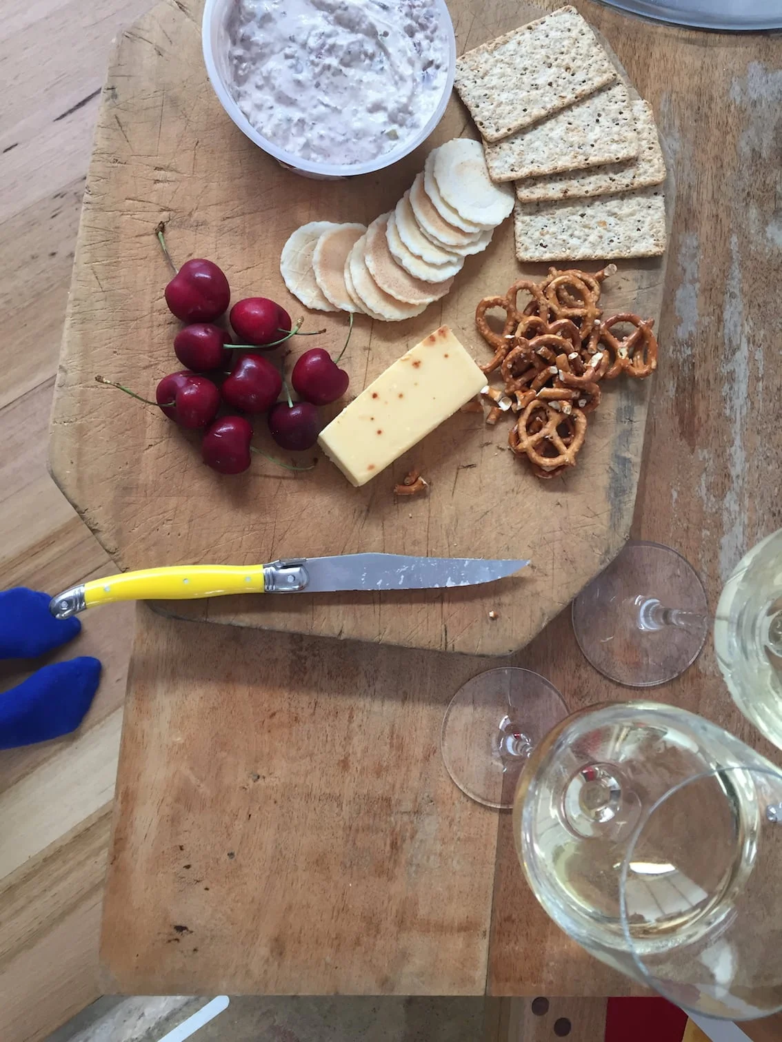 Random cheese, crackers, dip, cherries and wine for dinner, while playing mastermind (I won!!) 