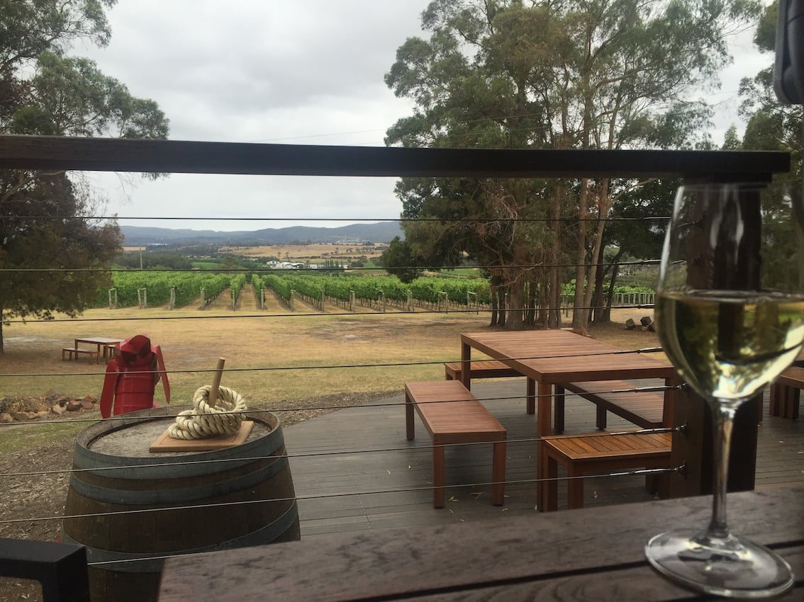 Enjoying a glass of wine at a winery called Goaty Hill Winery, in the beautiful Tamar Valley, up near Launceston. 