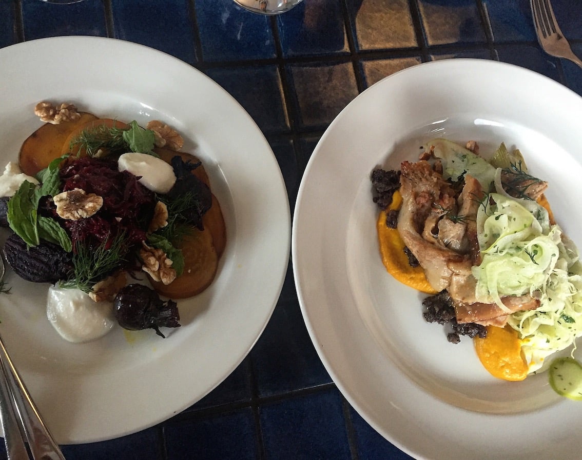Dinner at Smolt in Hobart, this is beetroot, fig, herb and walnut salad with goats curd, and the pork shoulder slow-cooked in almond milk, roasted fennel, carrot purée, fennel & apple salad, with hazelnuts. This was a delicious dinner. 