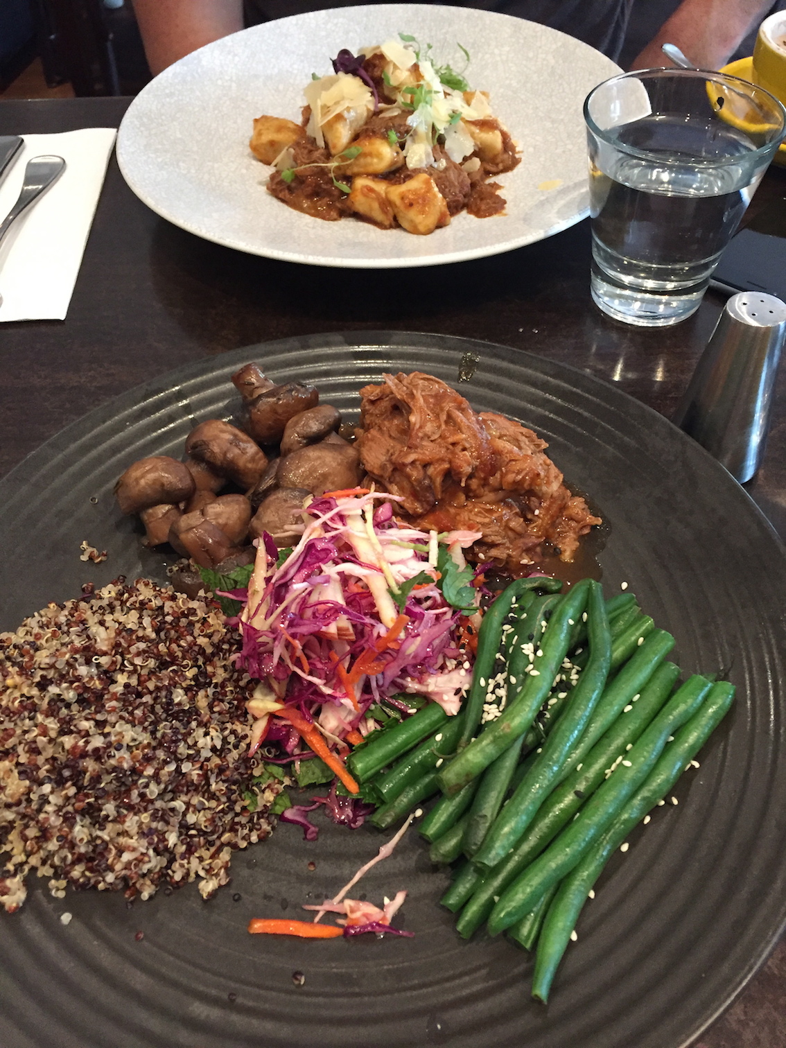 Last lunch in Melbourne. Gnocchi with slow-cooked lamb, and an array of vegetables with slow-cooked lamb. The lamb was so delicious. 