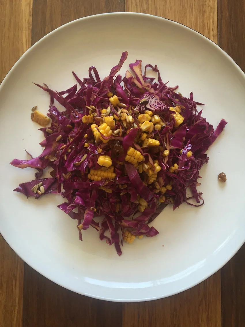 Red cabbage slaw with corn