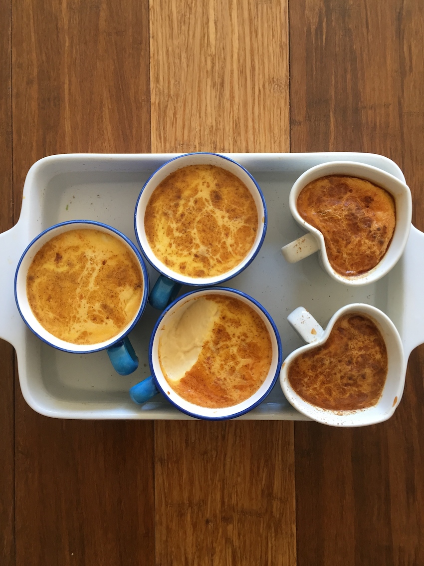 Tea cups filled with creamy baked custard (I couldn't resist but to try) in the baking dish hot water bath. 