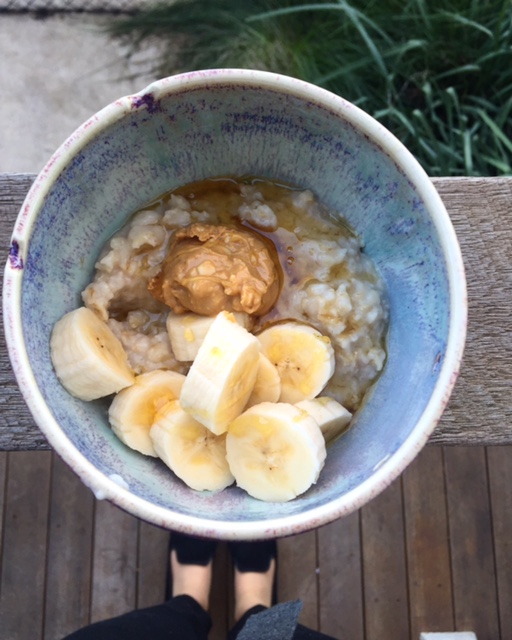Oats with peanut butter, honey and banana. 