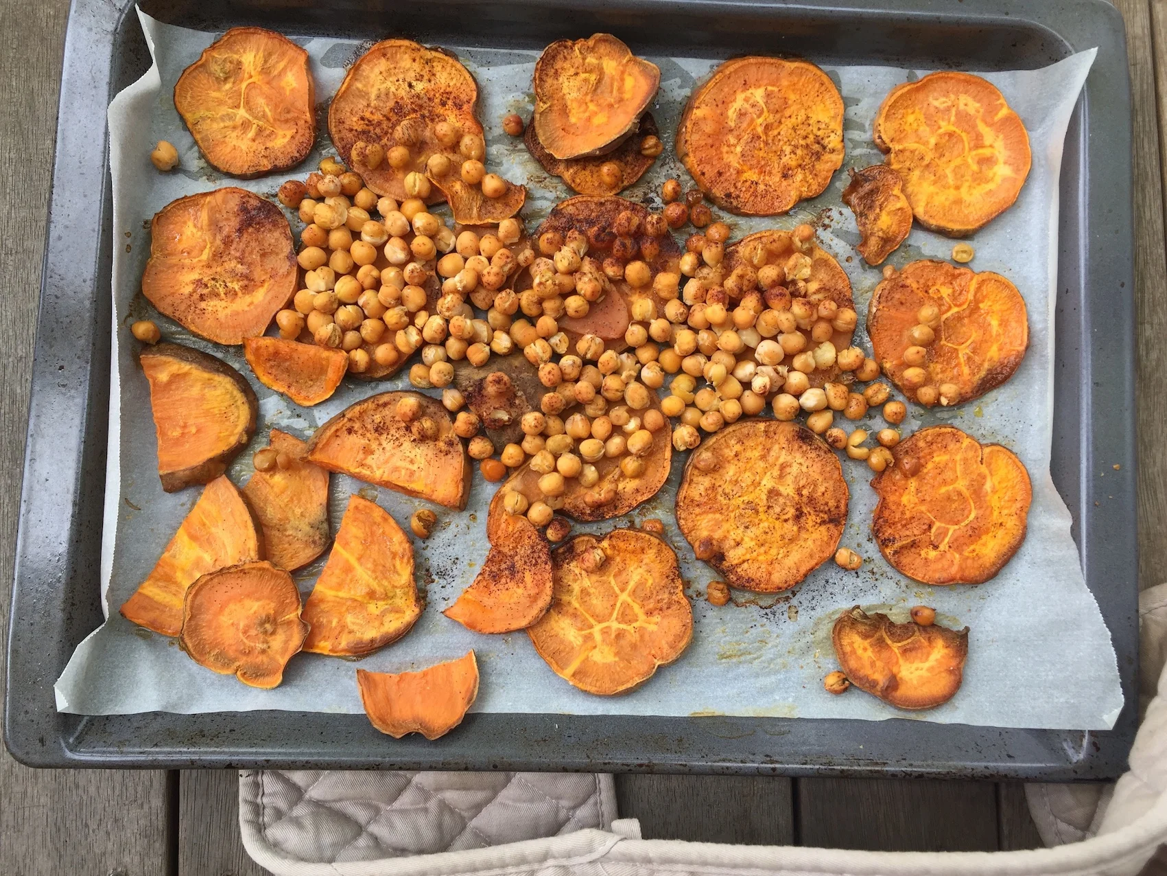 Adding a tin of drained chickpeas when you are roasting your sweet potato makes a crunchy salad topper that's high in fibre and protein. 