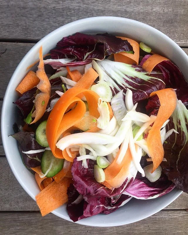 A salad from a few weeks back - radicchio, fennel, carrot and cucumber with a balsamic and maple dressing. Delicious! Who else loves the bitter taste of radicchio?