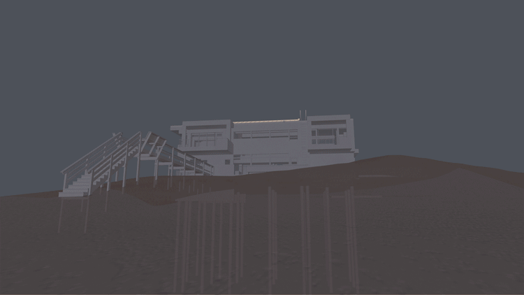 View from Beachfront   Simulation of sun exposure in daylight cycle. Extended balcony enclosures provide shade from early sunrise and clerestories on the opposite side allow soft afternoon sun to illuminate structure's interior. 