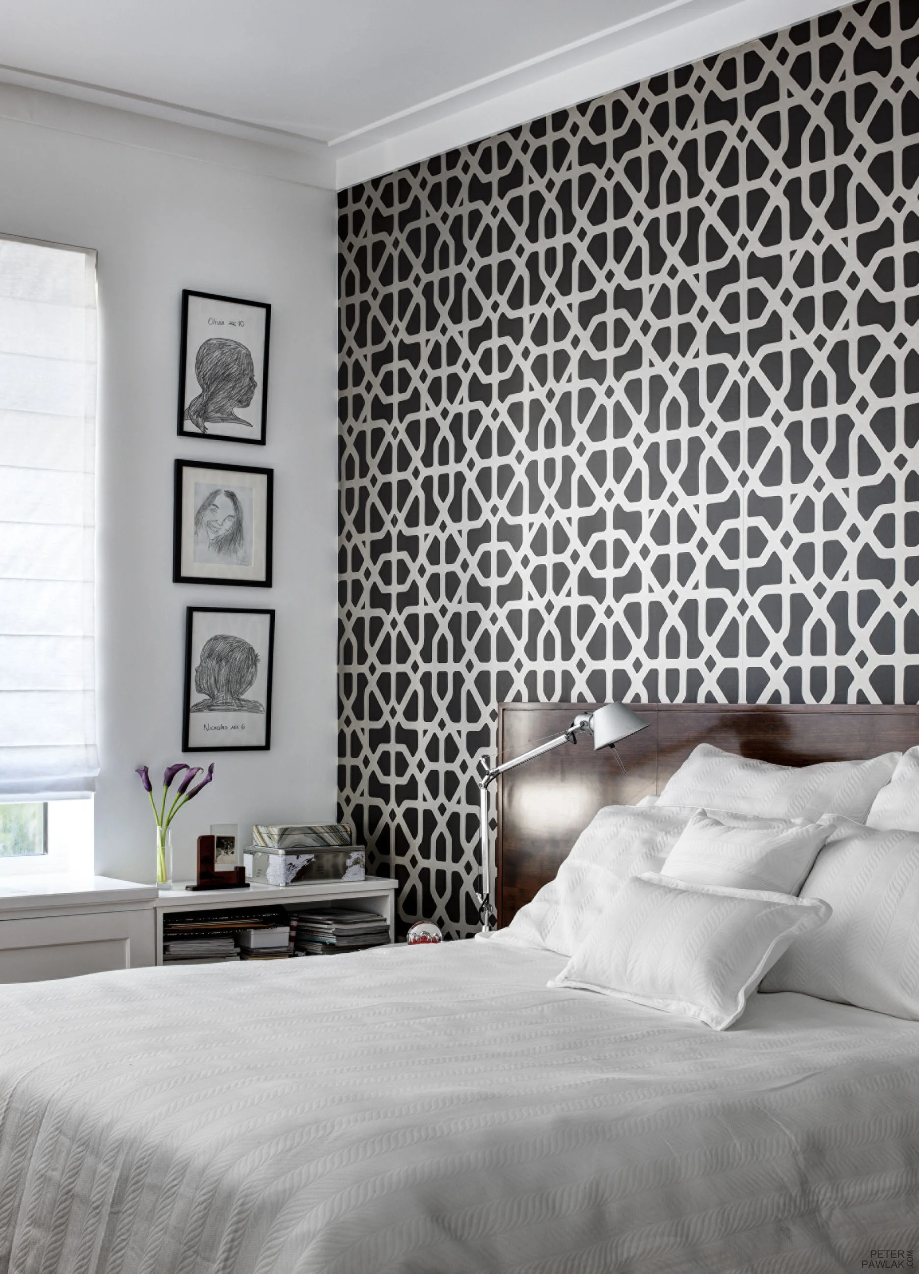   Master bedroom    Custom bed with stained cherry wood headboard, wallpaper by Romo.    Bruce Buck photographer  