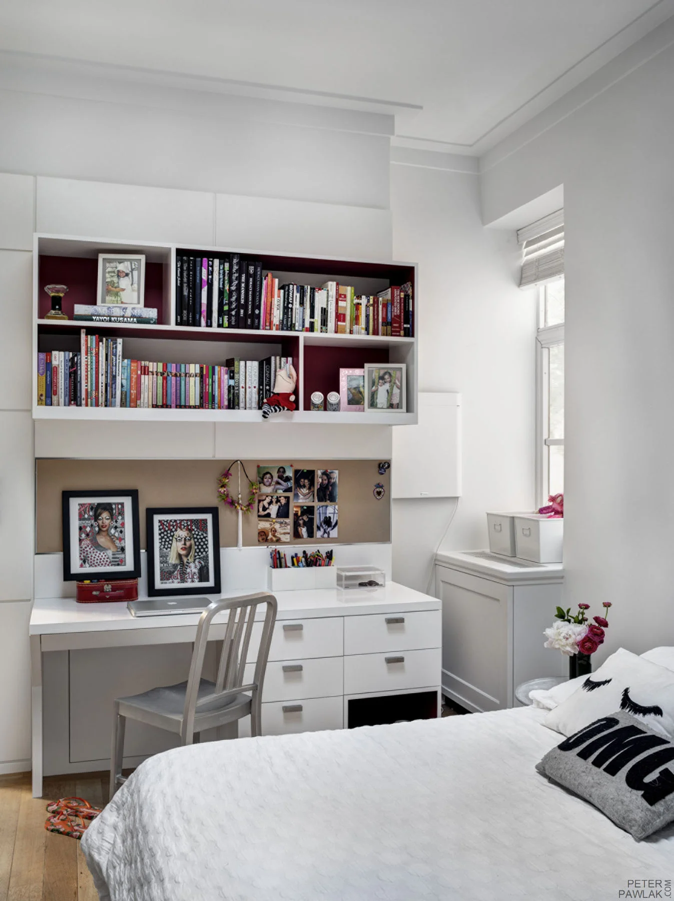   Daughters Bedroom    Daughter's bedroom with study desk, storage painted bins painted on opposing surfaces to create diffused reflection of color.     Bruce Buck photographer   