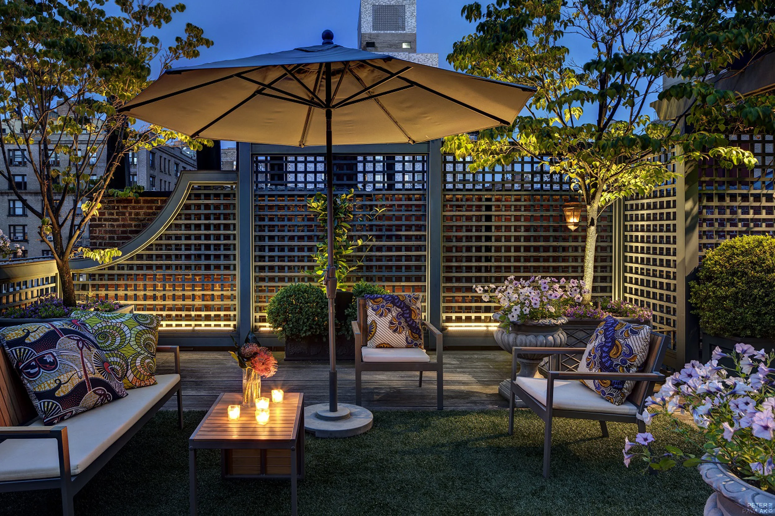   Rooftop Garden - project featured in Home Design section of New York Times     Maureen Hackett landscape designer Rick Shaver lighting designer Bruce Buck photographer   