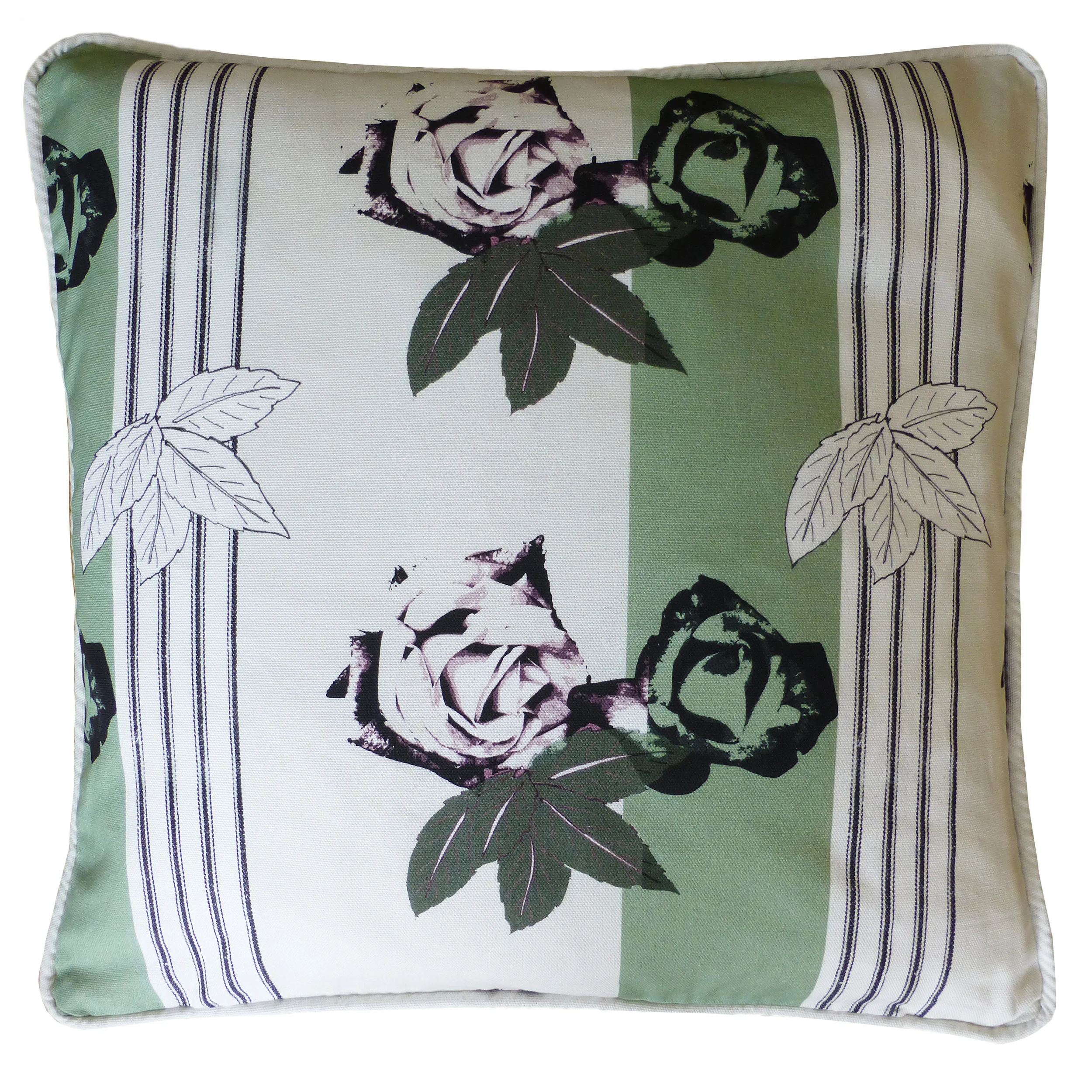 Cushion in roses with stripe design green